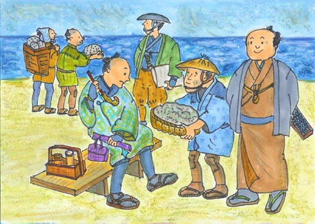 寿都湾に停泊する弁財船、はしけで荷を運んでいる。船頭と話す商人風の男