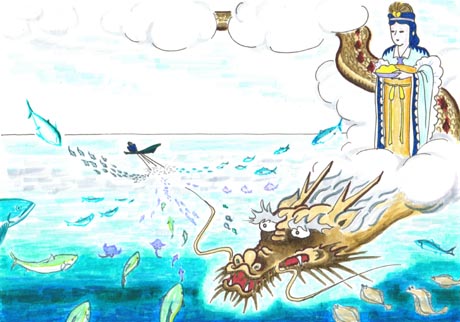 漁にでかける夫、海を見下ろす龍神様